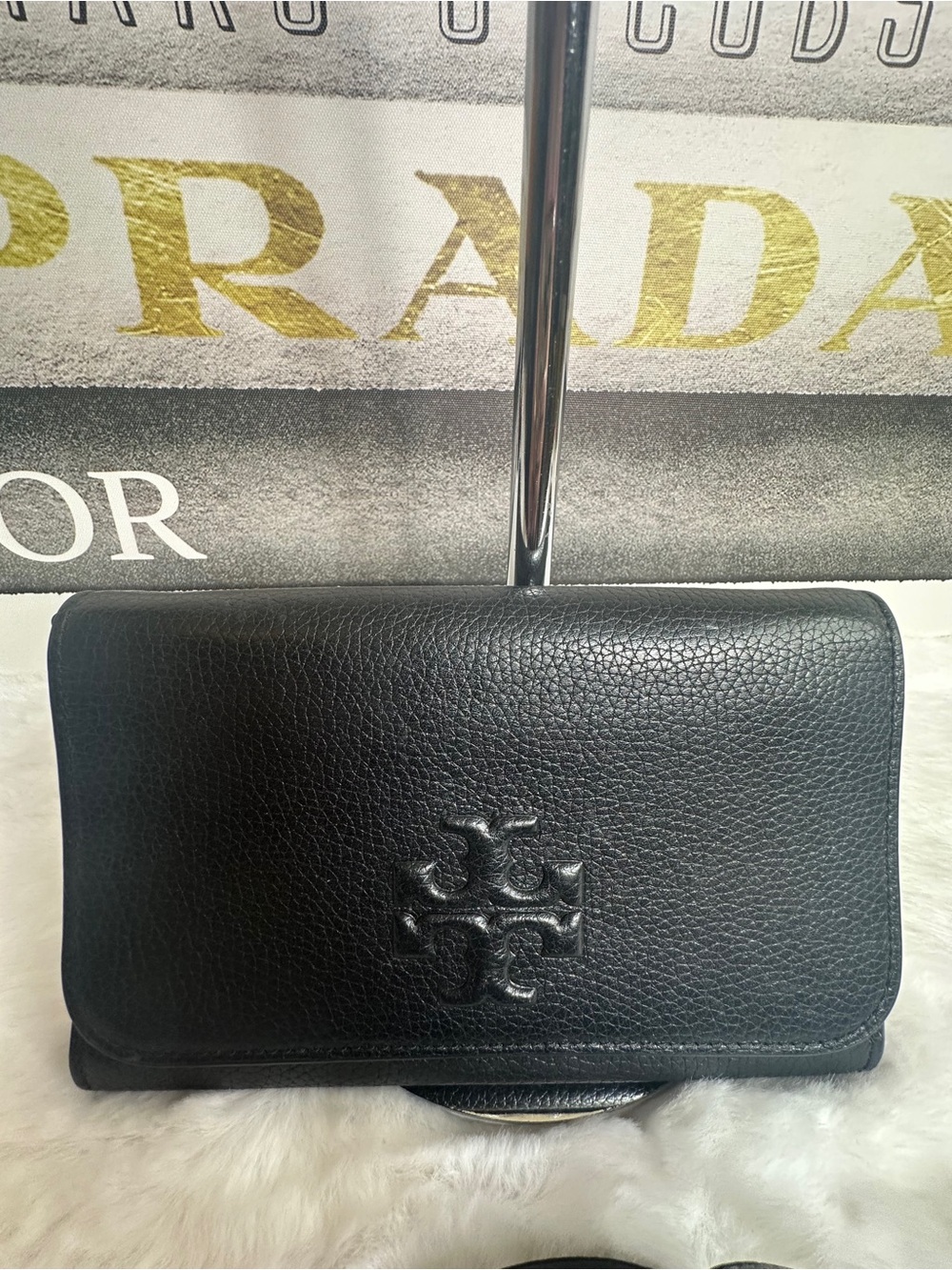 Tory Burch Black Pebbled Leather Fold-Over Clutch